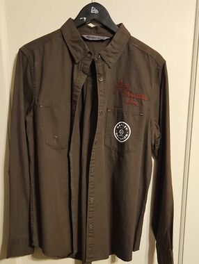 Harley-Davidson Men's Olive Green Button-Down Shirt with Embroidered Logo
